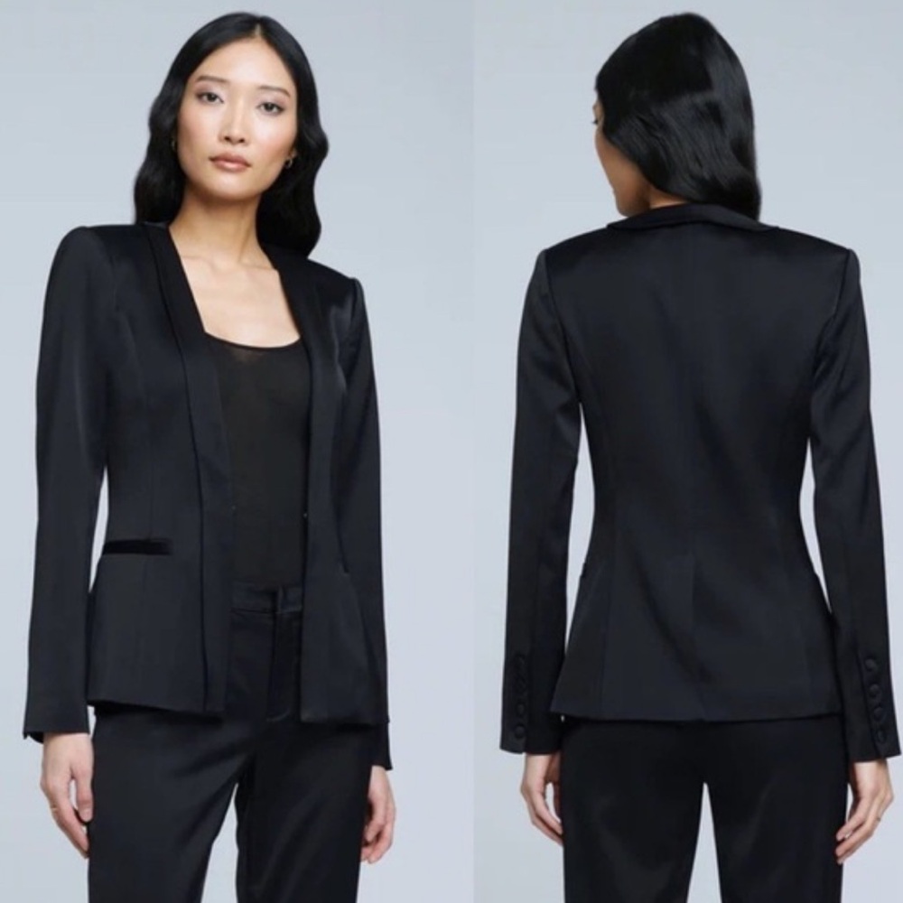L'Agence Carson Folded Collar Satin Blazer in Black Size 12